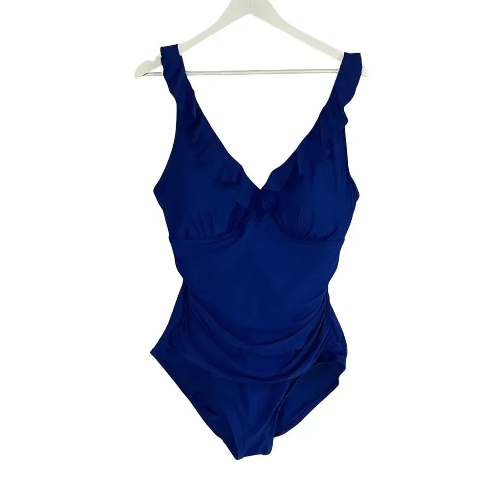 DKNY WOMENS SIZE XLARGE RUFFLE PLUNGE UNDERWIRE ONE PIECE SWIMSUIT BLUE NEW